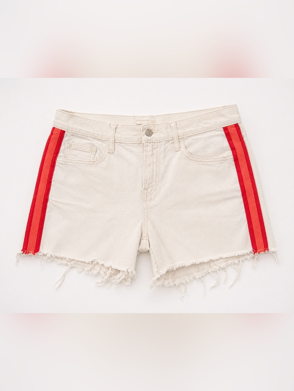 MOTHER White Denim The Sinner Shorts Fray with Red Side Stripes, Size 28